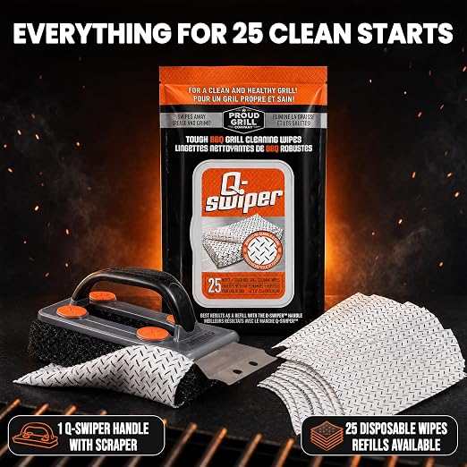Proud Grill Q-Swiper BBQ Grill Cleaner Set - 1 Grill Brush with Scraper and 25 BBQ Grill Cleaning Wipes, Bristle-Free & Wire-Less, Safe Way to Remove Grease and Grime for A Clean and Healthy Grill