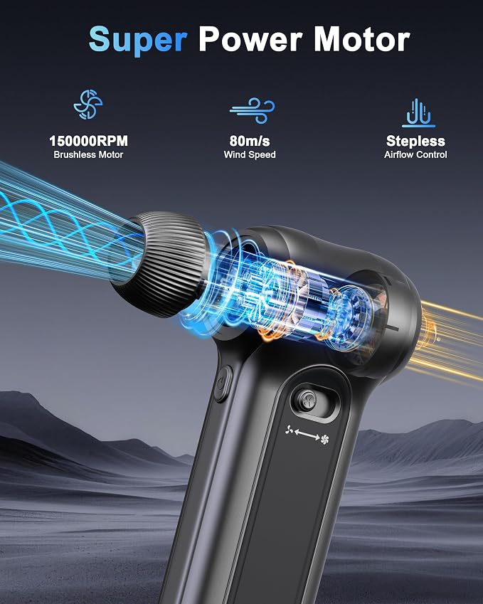 Compressed Air Duster-150000RPM Brushless Motor, Stepless Speed, Rechargeable Powerful Cordless Blower, Portable Air Duster with LED & Magnifier, Nozzle Kit for Keyboard Electronics Car Home (Black)