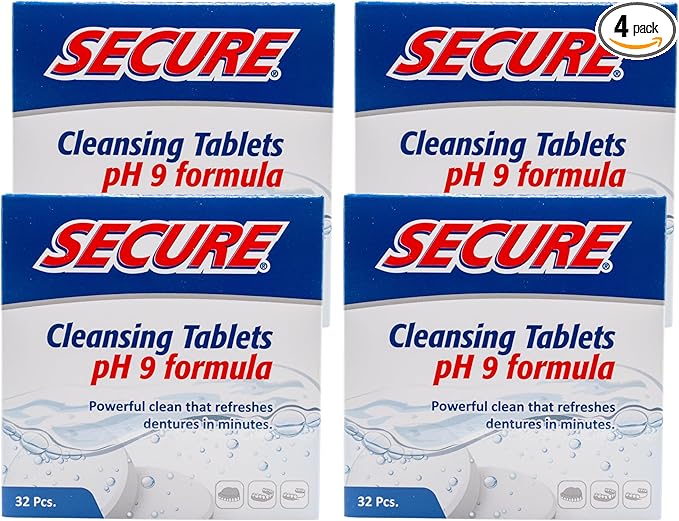 Secure Daily Cleansing Tablets - pH 9 Formula Thoroughly Cleans Dentures - Fights Odors, Stains & Germs - For Dentures, Nightguards, Retainers & Partials - 32 Tablets (4 Pack)