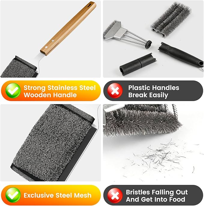 Grill Brush Bristle Free with 2 Replacement Head, Safe Grill Cleaner Brush for Outdoor Grill, BBQ Grill Cleaning Brush Kit Fits for Cast Iron Stainless Steel Grates, Gifts for Men, Dad