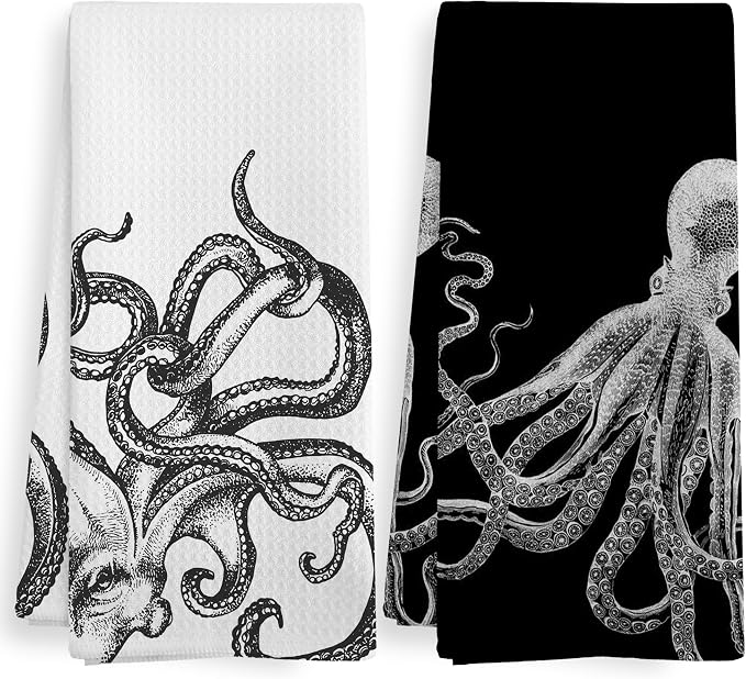Coastal Octopus Decor Dish Hand Tea Towels for Bathroom Kitchen, Octopus Ocean Nautical Beachy Bathroom Decor, Black and White Coastal Nautical Kitchen Towels and Dishcloths Sets of 2,16x24In