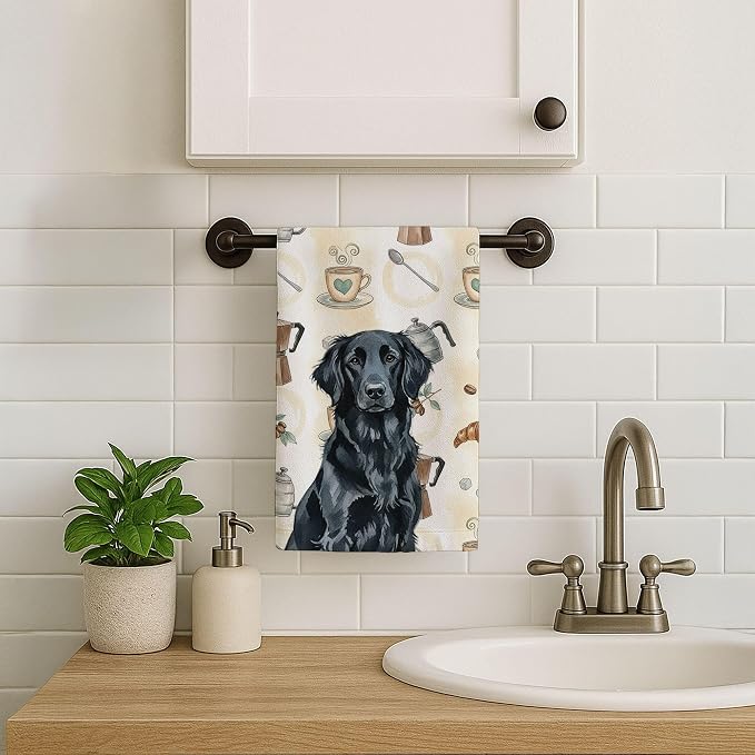 Caroline's Treasures Black Flat-Coated Retriever Coffee Bar Kitchen Towel Velour Plush Front and Cotton Loop Back Machine Washable