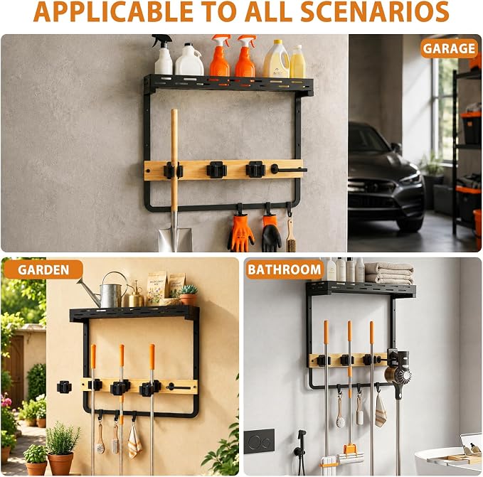 Broom Holder Wall Mount with Shelf, Small Mop Tool Organizer | 3 grippers, 3 hooks, vacuum slot, bamboo board, spray bottle tray, garage utility use