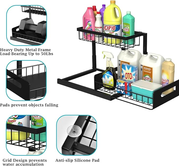 2-Tier Under Sink Organizer Rack – Adjustable Kitchen & Bathroom Storage Shelf with Sliding Baskets, Space Saver for Cleaning Supplies, Pantry, Spices, Toiletries – Heavy Duty Metal Organizer -1 PACK