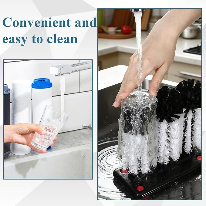 2 Pack Water Bottle Cleaning Brush with Suction Base, 3 Head Bristle Bar Glass Washer for Sink, Glass Cup Washer Brush Cleaner for Beer Cup, Long Leg Cup, Red Wine Glass Bar Kitchen Sink Tools