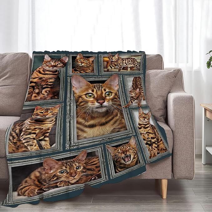 Jerkboo Bengal Cat Blanket, Multicolor, Flannel, Throw Blanket, 80"x60", Soft, Warm, Cute Cat Throw Blanket for Girls, Women, Kids, Adults
