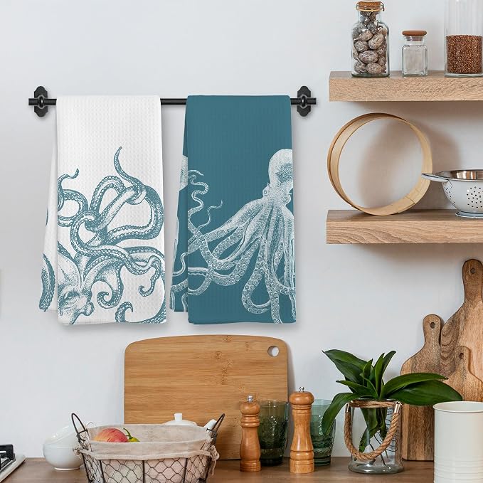Aqua Teal Coastal Octopus Decor Dish Hand Tea Towels for Bathroom Kitchen, Octopus Ocean Nautical Beachy Bathroom Decor, Coastal Nautical Kitchen Towels and Dishcloths Sets of 2, 16x24 Inch