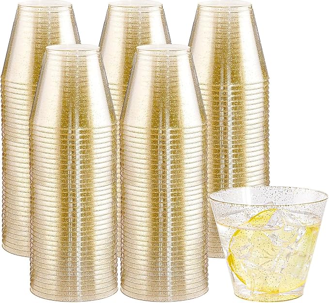 I00000 200pcs Gold Plastic Cups - 9 OZ Hard Gold Glitter Disposable Cups for Cocktail & Drinking - Premium Disposable Plastic Glasses with Gold Glitter for Fancy Wedding Cups Elegant Party Glasses