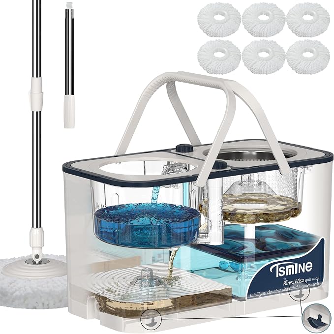 RinseWise Mop Bucket Set with 12 Microfiber Heads, Blue/Gray & White/Blue, Spin Mop, 61-Inch Telescopic Stainless Steel Handle, Multi-Surface Compatible, Hands-Free Wringing