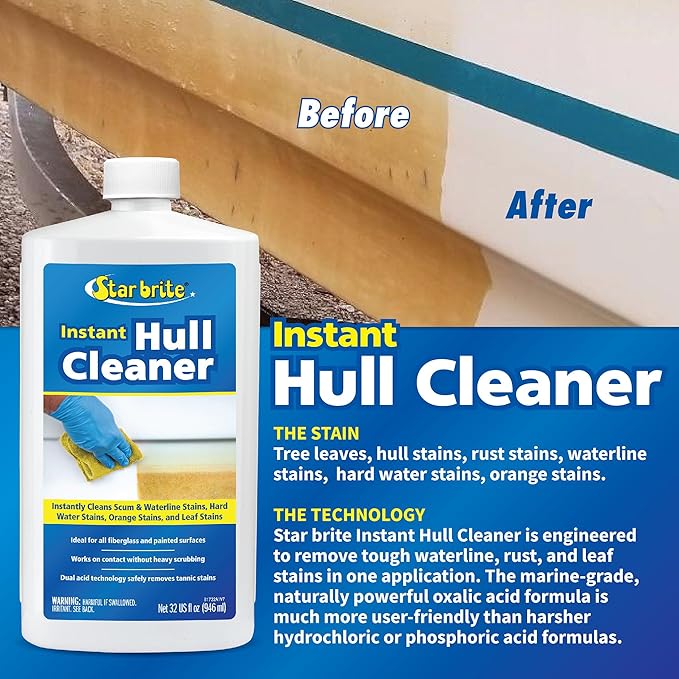 STAR BRITE Instant Hull Cleaner - Easily Remove Stains, Scum Lines & Grime for Boat Hulls, Fiberglass, Plastic & Painted Surfaces - Wipe On, Rinse Off Formula 32 Ounces (081732)