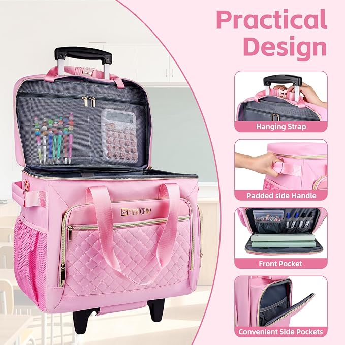 Rolling Teacher Bag with Detachable Cart - 1680D Waterproof Oxford Rolling Cart for Teachers, Large Capacity Tote with Wheels Fits 15.6" Laptop & Tablet(PINK)