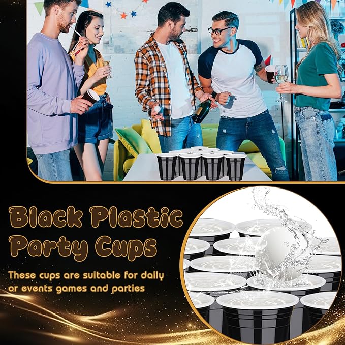 tchrules 100 Pack 12 OZ Black Plastic Cups, Black Disposable Cups for Halloween Party, Graduation Plastic Stackable Drinking Cup for Wedding Birthday Bachelorette Bridal Showers Family Gatherings