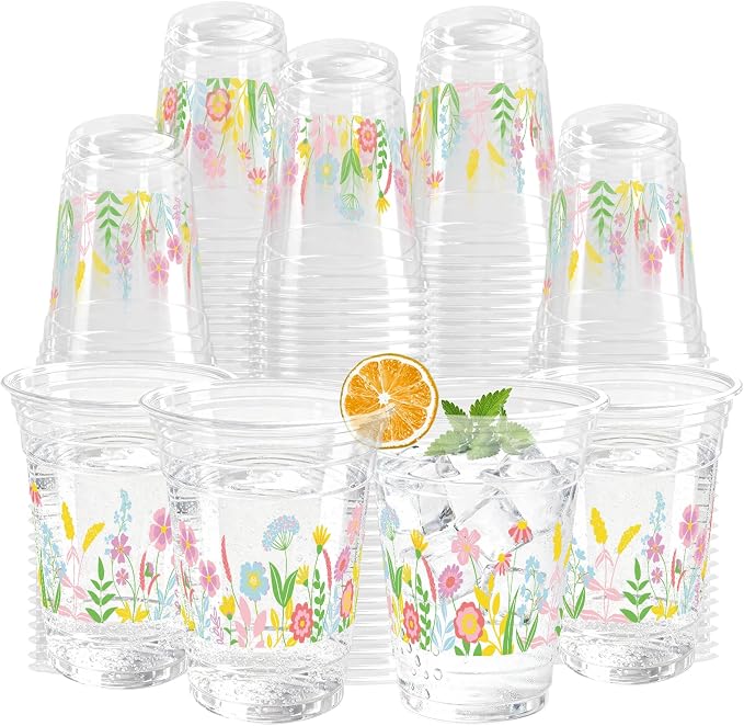 100 Pcs Wildflowers Plastic Cups 16 oz Spring Flowers Disposable Clear Plastic Cups Summer Drinking Cup for Floral Baby Shower Birthday Wedding Party Decoration Supplies