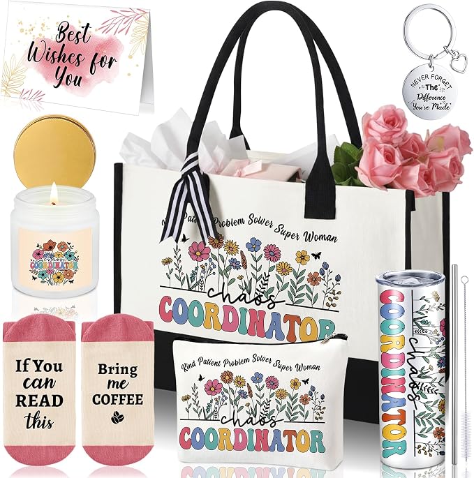Patelai 7 Pcs Chaos Coordinator Gifts for Women Funny Thank You Coordinator Basket, Self Care Set with 20oz Tumbler Tote Bag Socks Candle Unique Problem Solvers Gift for Coworker Employee Lady Manager