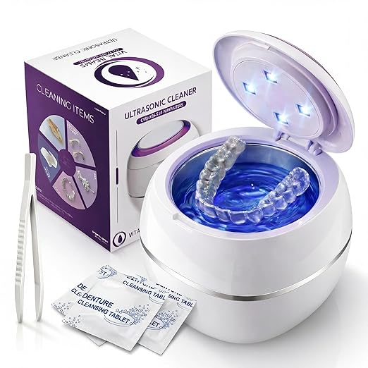 Ultrasonic Retainer Cleaner Machine with 3 Retainer Cleaning Tablets - 45kHz Dental Cleaning Pod with 2 Modes, Deep Cleaning Ultrasonic Cleaner for Dentures, Aligners, Mouth Guards