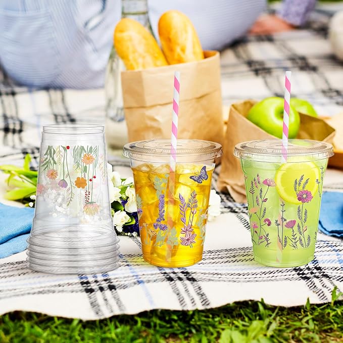 FoldTier 100 Pcs Wildflower Cups Plastic with Lids and Straws 12 oz Disposable Floral Drinking Cups for Tea Party Wedding Love in Bloom Baby Shower Bridal Shower Wild Flower Graduation Supplies
