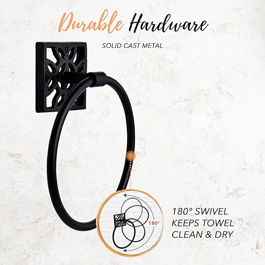 Autumn Alley Matte Black Farmhouse Bathroom Set – 5-Piece Hardware Kit with Towel Ring, TP Holder, Hooks & Metal Step Trash Can with Lid for Rustic, Modern Bathroom Décor