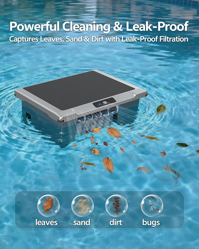 T1B Solar Powered Pool Skimmer Robot, Automatic Robotic Pool Surface Skimmer Cleaner with 24/7 Cleaning, Dual Charging Modes, Auto-Dock, Inground & Above-Ground Pools