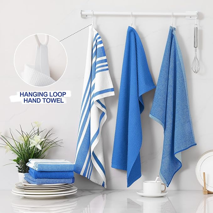 Homaxy Premium Kitchen Towels(18”x 28”, 6 Pack), Large Cotton 380 GSM Kitchen Hand Towels, Soft and Absorbent Terry Dish Towels, Multipurpose Tea Towel Set with Hanging Loop, Blueberry