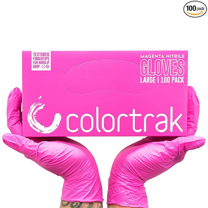 Colortrak Disposable Nitrile Gloves, Magenta, Luminous Collection Latex-Free, Powder-Free Hair Color Gloves for Chemical Processing & Salon Services, 100 Count, Large