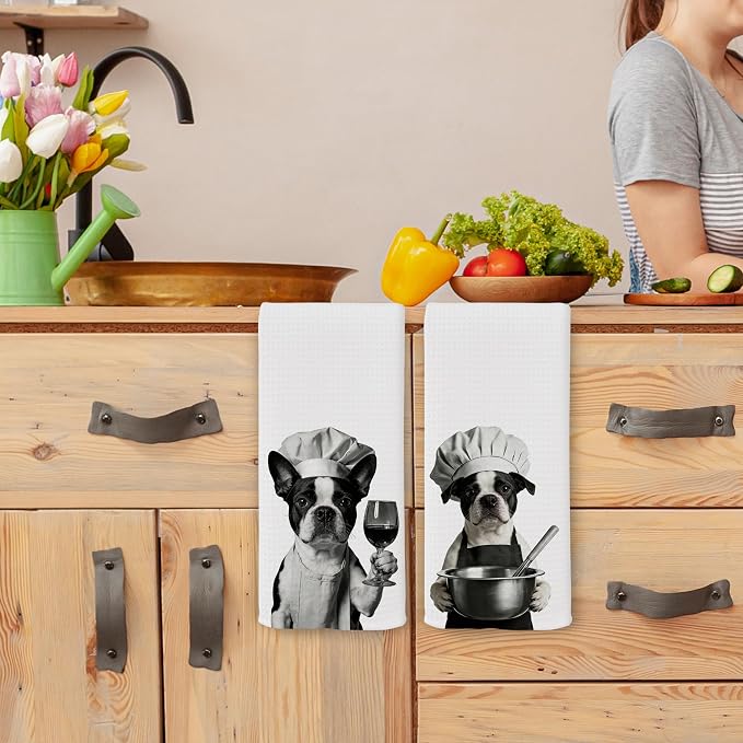 Funny Chef Boston Terrier Kitchen Towels Set of 2, Boston Terrier Dog Gifts for Women Dish Tea Towels for Kitchen, Dog Mom Lovers Owner Gifts Decorative Hand Towel, 16x24 Inch