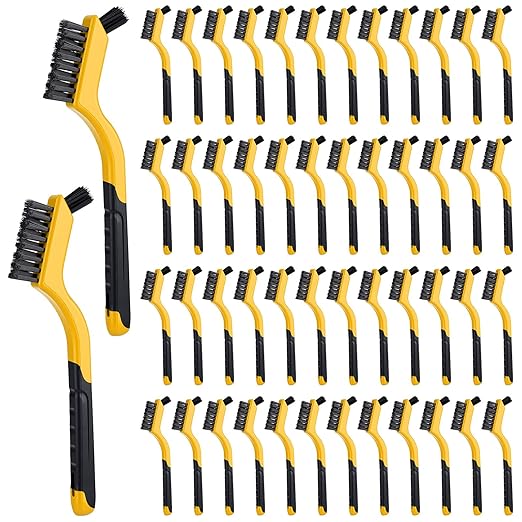 Reallnaive 50 Pcs Nylon Cleaning Brushes Bulk 7 Inch Yellow Nylon Brushes with Curved Handle Grip for Deep Cleaning Small Parts Rust Dirt Paint Scrubbing, Removal Surface in Hole