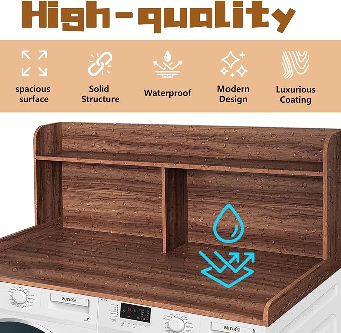 Royxen Washer Dryer Countertop with Extra Tall Shelf, 19" Height Washer and Dryer Topper, Laundry Countertop with Non-Slip Pads, Universal Fit for Laundry Room Organization, Walnut