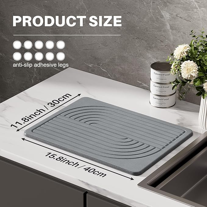 2-Pack Stone Dish Drying Mat for Kitchen Counter, Diatomaceous Earth Drying Mat Pad, 15.8"x11.8" Super Absorbent Drying Stone, Quick Dry, Heat Resistant, Odorless (Dark Gray)