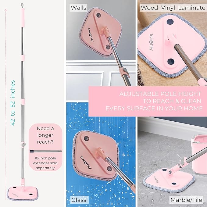 True & Tidy® True Clean Mop and Bucket System, Includes Square Spin, Dual Compartment Mop Bucket and 2 Thick Machine Washable Pads New Upgraded with Side Brush & Self Standing Handle, Rose