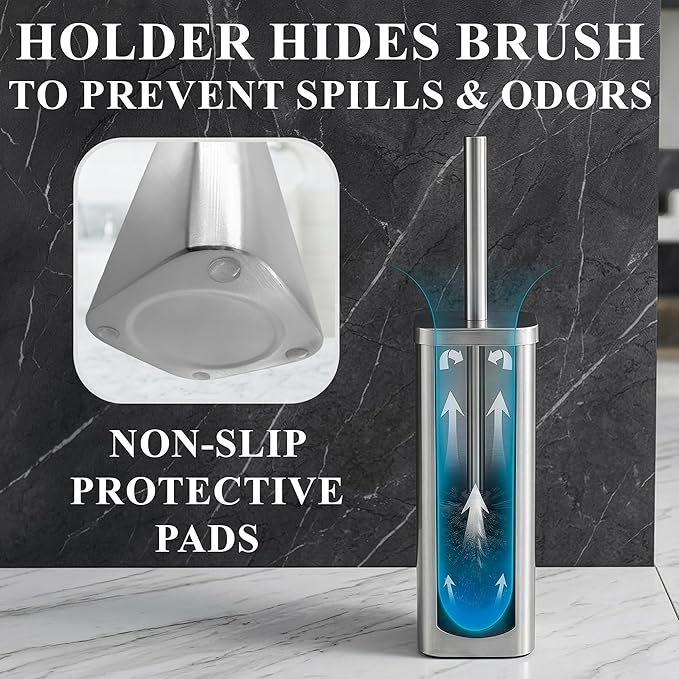 Toilet Brush with Square Holder - Toilet Brush and Holder Set Silver, Stainless Steel Handle with Splash Shield, Replaceable Head and Removable Inner Cup - Freestanding Bathroom Toilet Cleaning Set