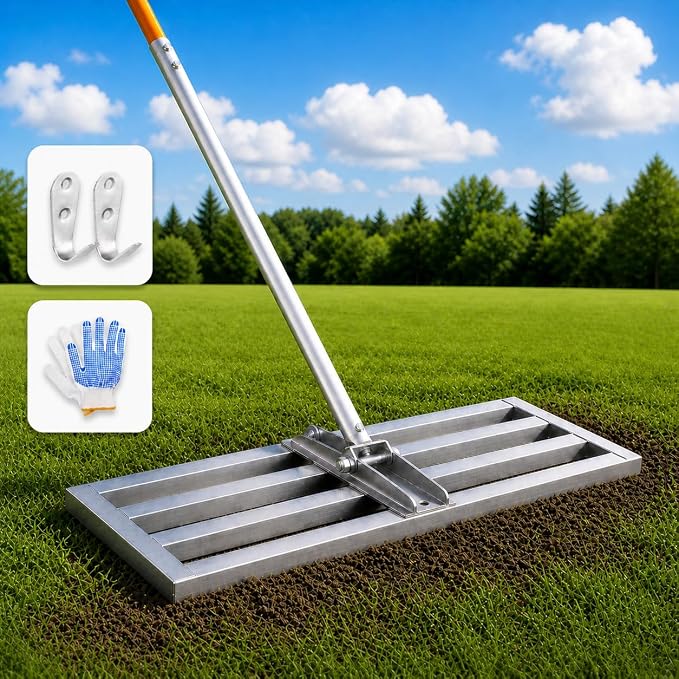 6.5FT Extra Long Handle Yard Leveling Rake, 30" x 10" Stainless Steel Lawn Leveling Rake 30 inch, Professional Soil Leveler for Golf Courses, Pastures & Residential Lawns, Silver