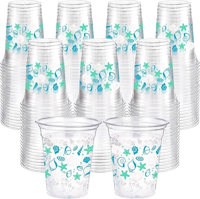100 Pcs Seashell Plastic Cups 12 oz Summer Beach Starfish Disposable Plastic Drinking Cups Bulk for Under the Sea Ocean Pool Birthday Wedding Bridal Baby Shower Party Decoration Supplies