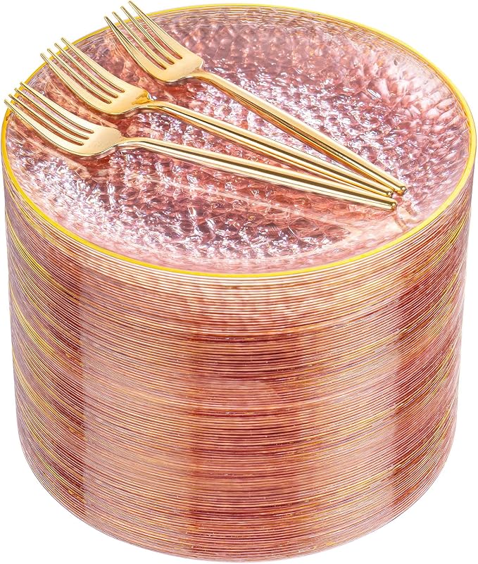 DaYammi 240Pcs Pink Plastic Plates Including 120Pcs Pink Dessert Plates and 120Pcs Gold Plastic Forks,Hammered Party Plate,pink and Gold Appetizer plates Heavy duty Disposable Cake Plate for Party
