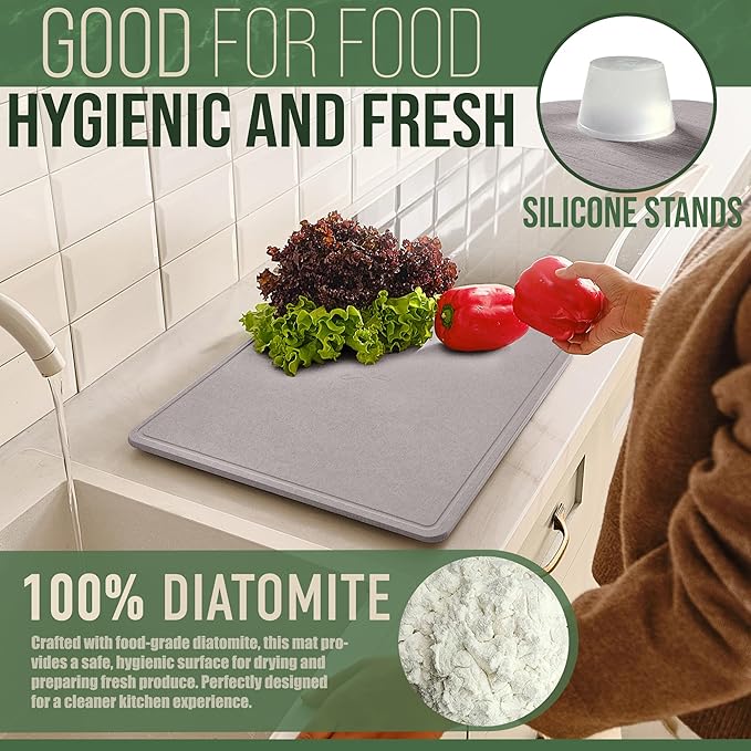 Large Stone Dish Drying Mat - Double-Sided Stone Drying Mat for Kitchen Counter - 3-Pcs Gift Set (Light Grey, 20" x 16")