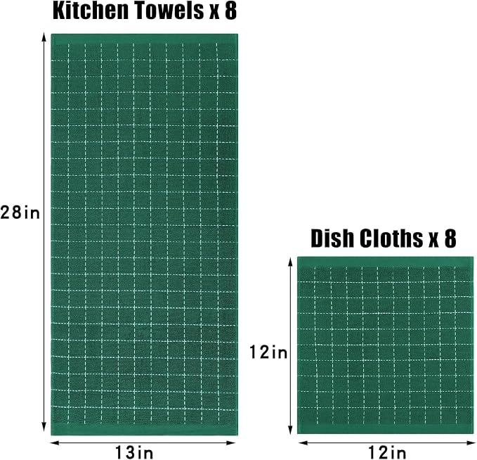 Homaxy Kitchen Towels and Dishcloths Set, 12 x 12 and 13 x 28 Inches, Set of 16 Bulk Cotton Terry Kitchen Towels Set, Checkered Designed, Soft and Super Absorbent Dish Cloths, Dark Green