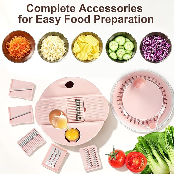 Stainless Steel Salad Spinner Large with 5 Blades Slicer, Lettuce Washer Spinner and Dryer, Vegetable Fruits Chopper Bowl, Egg Yolk Strainer, 5.3Qt Pink