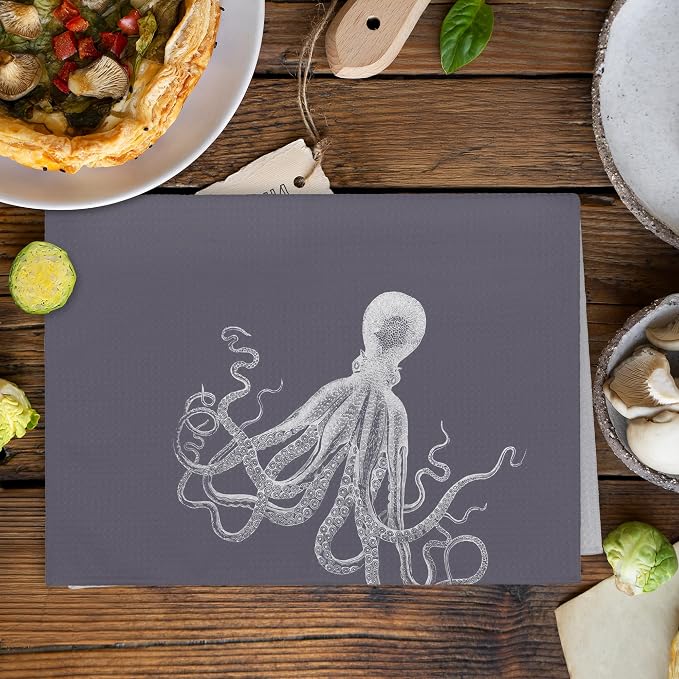 Coastal Grey Octopus Beach Decor Dish Hand Tea Towels for Bathroom Kitchen, Girly Octopus Ocean Nautical Beachy Bathroom Decor, Coastal Kitchen Towels and Dishcloths Sets of 2, 16x24 Inch