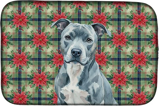 Caroline's Treasures Blue American Staffordshire Terrier Christmas PoinsettIas Dish Drying Mat Absorbent Dish Drying Mat Pad for Kitchen Counter Dish Drainer Mat for Countertop, 14 x 21", Multicolor