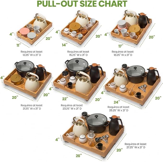 HOLDN’ STORAGE Bamboo Wooden Pull out Cabinet Organizer 24"W x 21"D Requires At Least a 25.25"W x 21"D Cabinet Opening W/Lifetime Limited Warranty, Bamboo Tray and Heavy Gauge Metal Rails