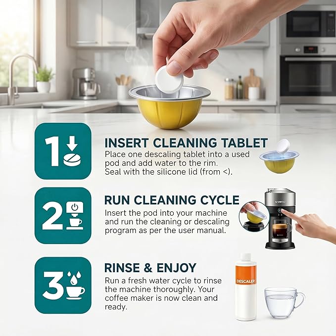 Complete Care Kit for Hard Water & Well Users, Compatible with Nespresso Vertuo Coffee Machines, 16.9 fl Oz Gentle Descaler (4 Uses), 8 Cleaning Tablets & 8 Capsule Foil Seals