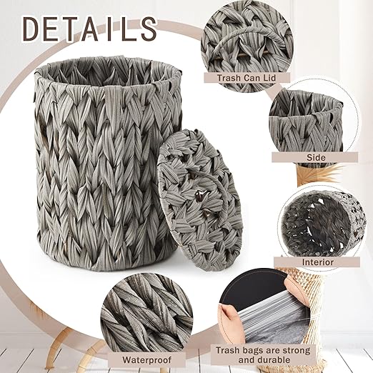Ctosree 1.3 Gallons Small Trash Can with Lid Handle Boho Woven Braided Bathroom Waste Basket Trash Can with 100 Garbage Bags for Bedroom Office Laundry(Grey, Braided Polypropylene)