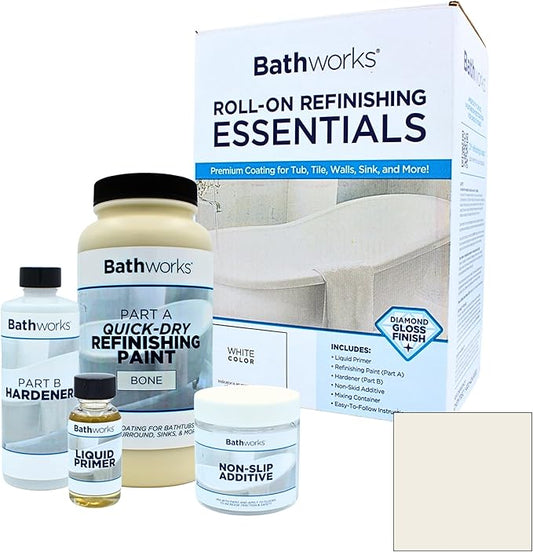 Bathworks Quick-Dry Essentials Roll-On Refinishing Kit - 22 fl oz, High Gloss Bone, Durable Acrylic Resin Coating with Non-Slip Additive - Fast 12-Hour Drying DIY System for Bathtubs, Tile, Sinks, & Showers (Paint Materials Only)