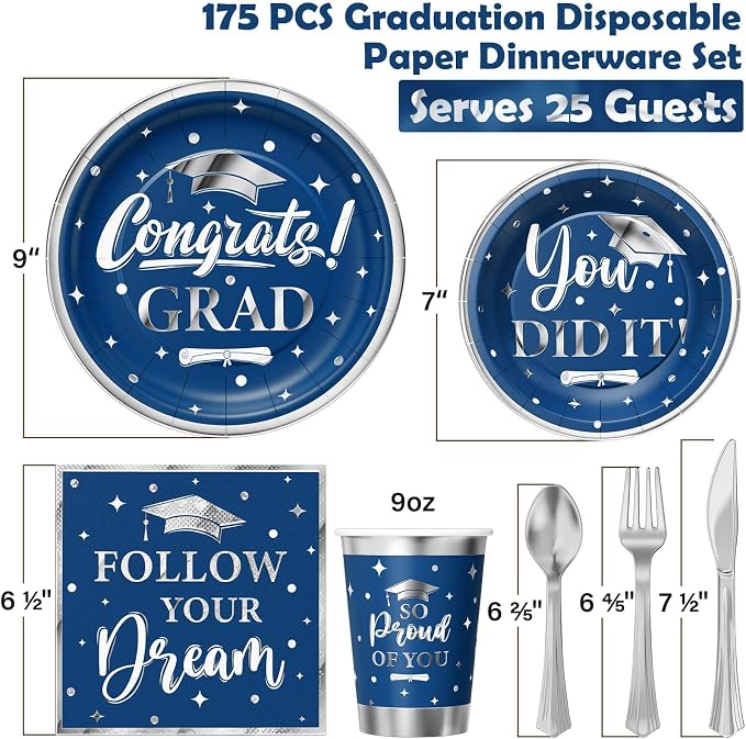 Graduation Decoration Class of 2026, 175PCS Graduation Party Supplies for College High School Disposable Dinnerware(Serve 25) with Paper Plates Cup Napkin Fork Knife Spoon (Navy Blue & Silver)