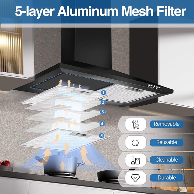 SNDOAS Range Hood 24 inch, 450 CFM Black Range Hood Wall Mount, Ducted/Ductless Convertible Kitchen Vent Hood, Chimney-Style Hood Vents for Kitchen with 3-speed, Push Button & Mesh Filters