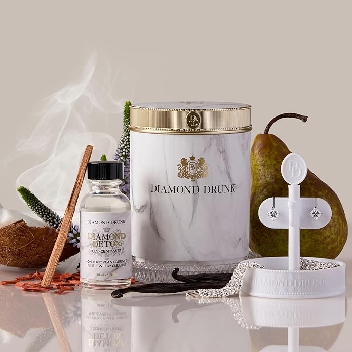 Diamond Drunk The Starter Collections - Non-Toxic, Fine Jewelry Cleaning Kit for Diamond, Gold, & Platinum Rings & More - 2 Months Supply of Safe, Sustainable Cleaner to Restore Shine - Patented Bauble Basket & Reusable Vessel