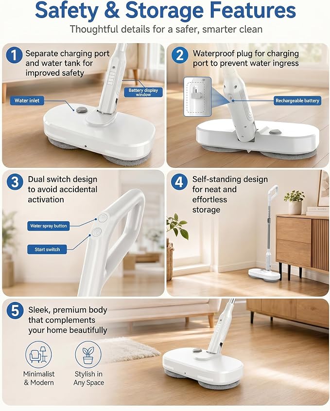 Buways Cordless Electric Mop, Self-Propelled Electric Spin Mop, Gravity Assist Pressure, 8000mAh Battery, LED Light & Water Spray, for Hardwood, Tile & Laminate Floors