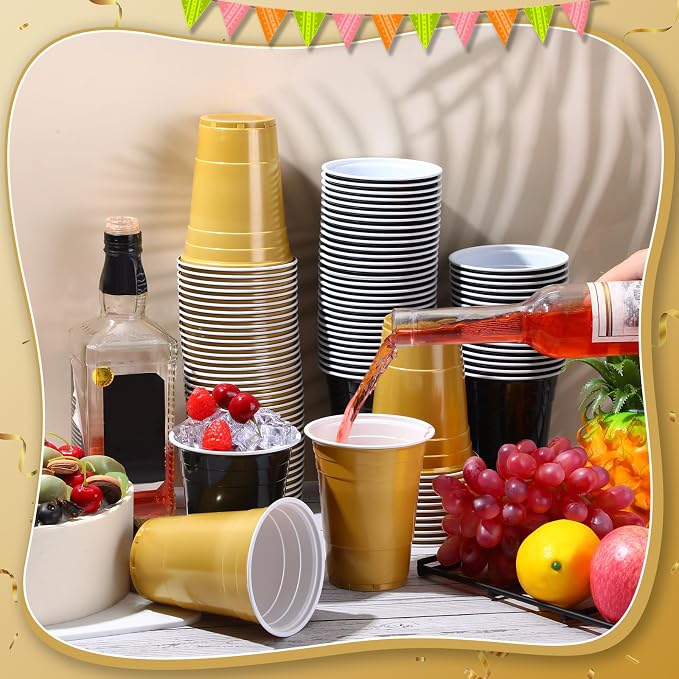 Lounsweer 100 Pcs 16 oz Disposable Party Cups Plastic Heavy Duty Drinking Water Cups for Birthday Baby Shower Wedding BBQ Picnic Party Supplies(Black, Gold)