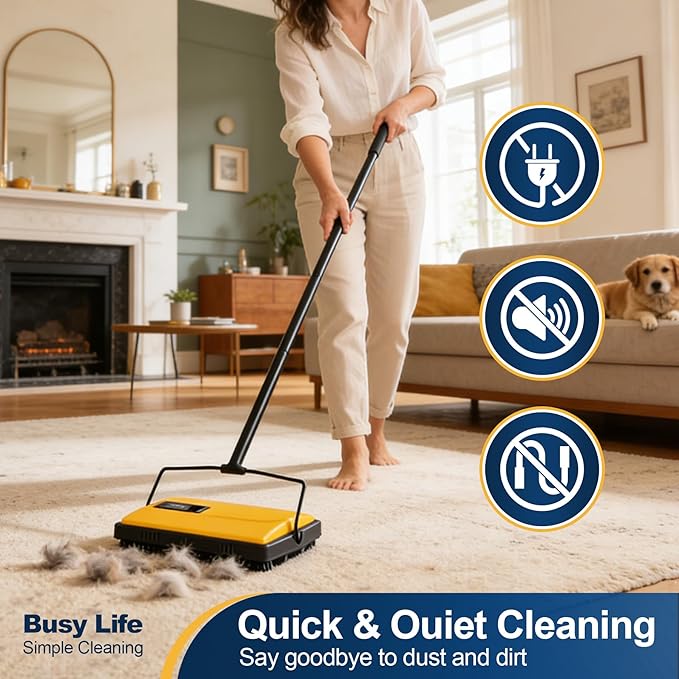 Yocada Manual Carpet Sweeper Cleaner Household Sweeper Hand Push Non-Electric Lightweight for Low&Undercoat Carpets Rugs Home Office Pet Hair Dust Scraps Paper Small Rubbish Cleaning 1*Extra Brush