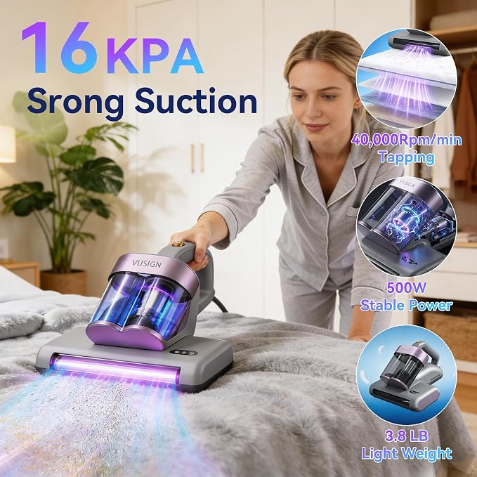 VUSIGN Mattress Vacuum Cleaner, 16Kpa Bed Vacuum Cleaner with 253.7nm UV-C Light, 140°F Heat, 40000RPM, HEPA Filter & Ultrasonic, Double-Cup Handheld Vacuums for Bed, Sofa, Couch, Crib(Corded, 500W)