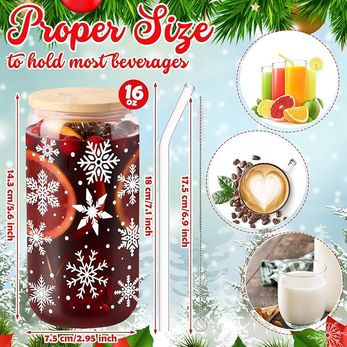 Sliner 2 Pcs Snowflake Glass Cups Christmas Winter Tumbler with Lid Straw Drinking Glasses 16 oz Iced Coffee Cup with Cleaning Brush Beer Can Tumbler Cute Holiday Gifts for Home Office Decorations